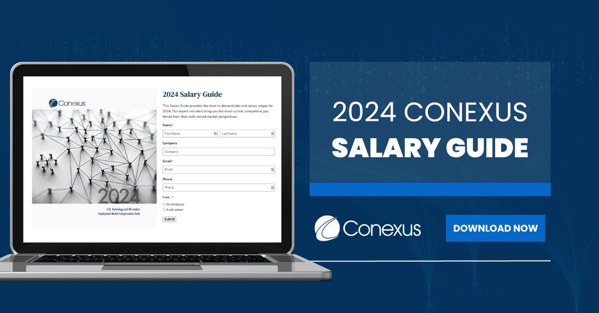 Laptop displaying a 2024 Salary Guide form with a network image. Text on the blue background reads &ldquo;2024 Conexus Salary Guide.&rdquo; Button says &ldquo;Download Now.&rdquo;