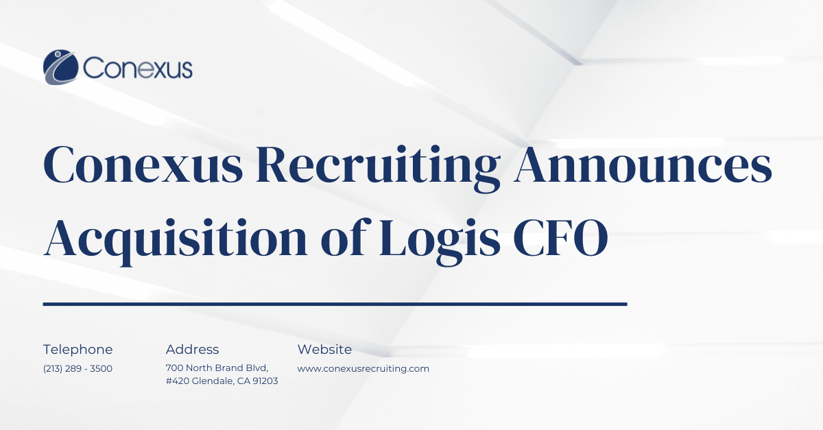Conexus Recruiting announces acquisition of Logis CFO. Minimalist design with company logo and contact details.