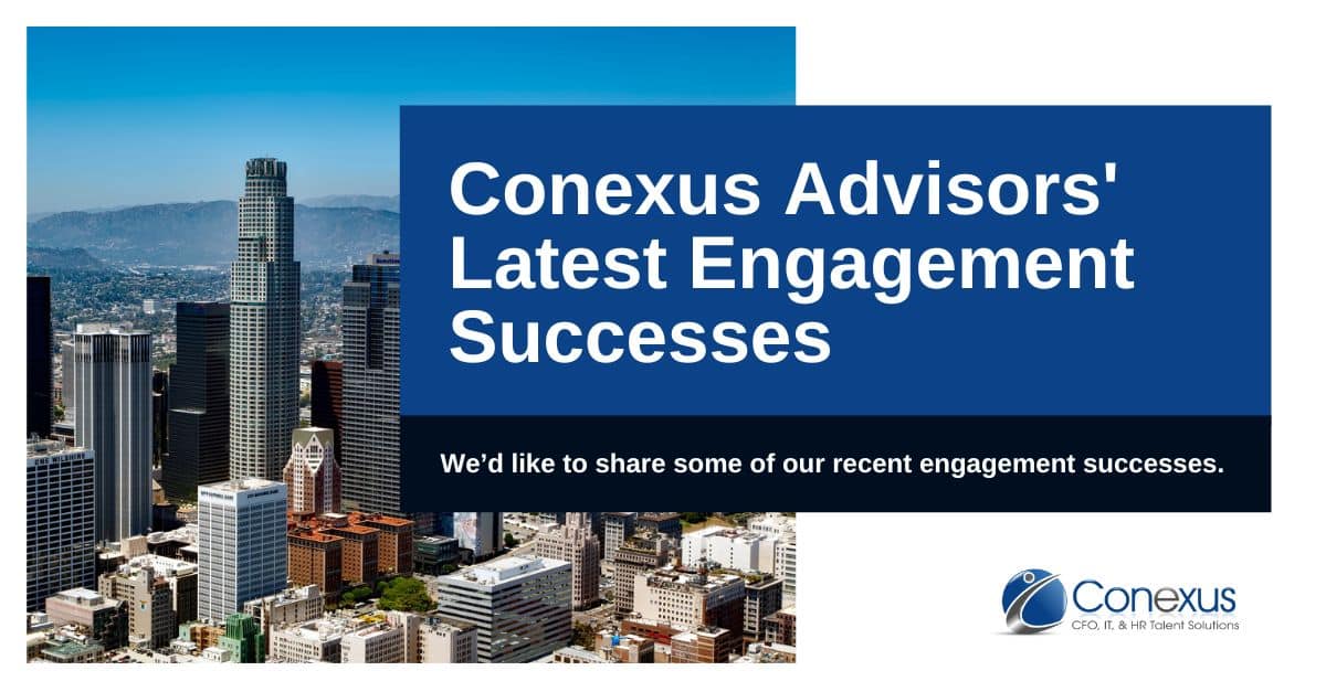 Skyline photo of a city with tall buildings on the left, overlaid with text: "Conexus Advisors' Latest Engagement Successes." Logo and company name at bottom right.