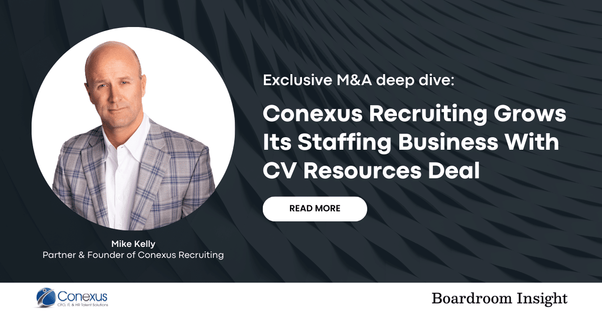 Mike Kelly in plaid jacket with white shirt on left. Text on right highlights Conexus Recruiting's growth with a CV Resources deal