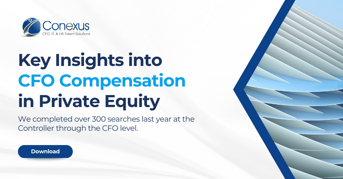 Business presentation slide with Conexus logo, titled 'Key Insights into CFO Compensation in Private Equity.' Features a geometric blue accent and a 'Download' button. Professional and informative tone.