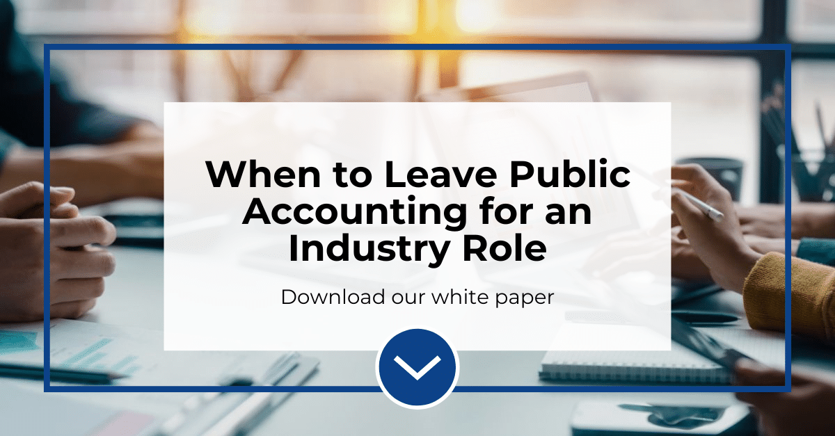 A meeting room with a table and people writing. The text reads, "When to Leave Public Accounting for an Industry Role. Download our white paper."
