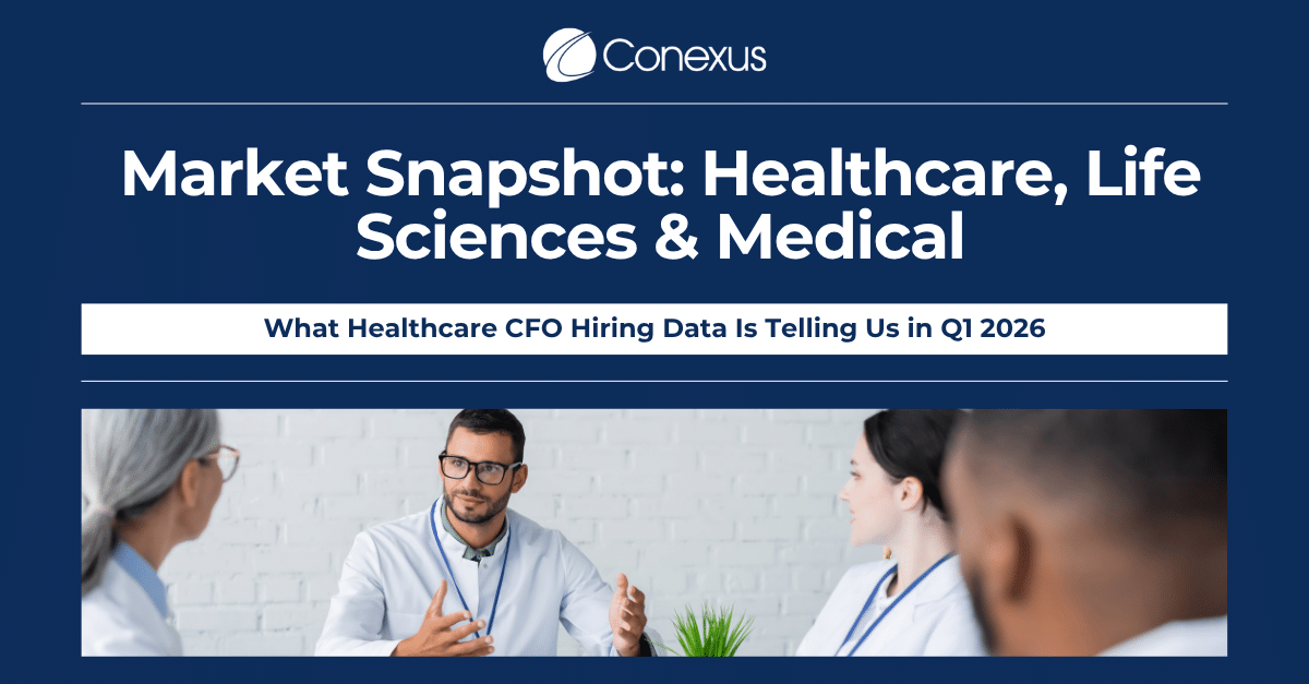 Image of a Conexus report titled "Market Snapshot: Healthcare, Life Sciences & Medical." Below, people in a meeting discuss, creating a professional tone.