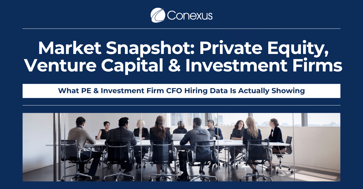 Conference room with people seated at a long table, beneath text: 'Market Snapshot: Private Equity, Venture Capital & Investment Firms' by Conexus.