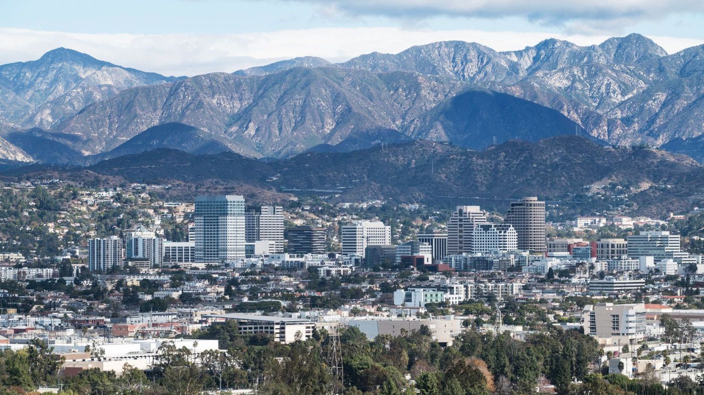 Downtown Glendale with the San Gabriel Mountains