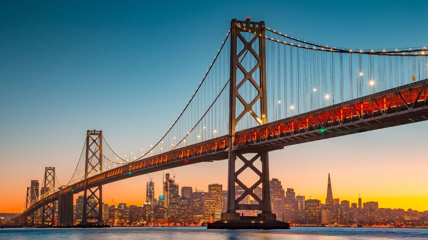 San Francisco skyline and Bay Bridge at sunset