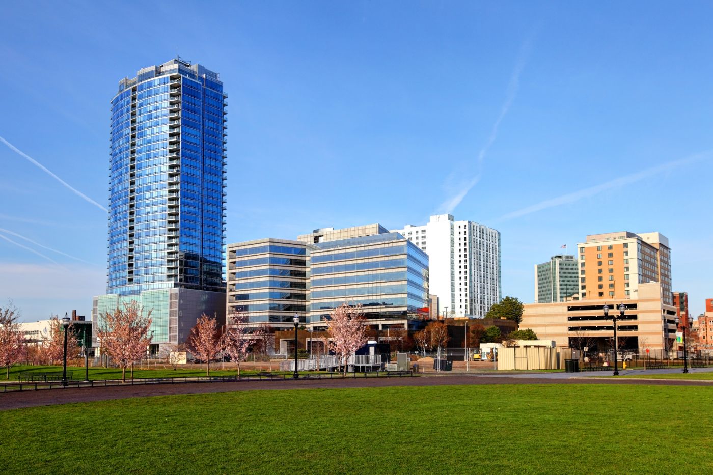 Downtown Stamford towers from Mill River Park
